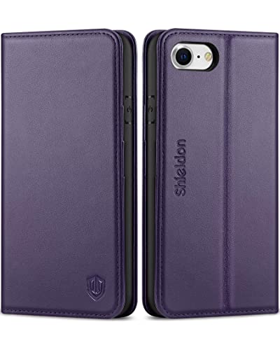 SHIELDON Case for iPhone SE 2022, Genuine Leather Flip Magnetic Cover Card Slots Carry-All with Kickstand Shockproof Case Compatible with iPhone SE3/SE2/8/7 - Dark Purple