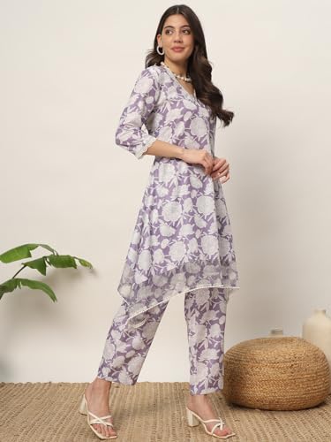 Image of FIORRA Women's Lavender Cotton Blend Printed Tunic with Pant Co-ords Set