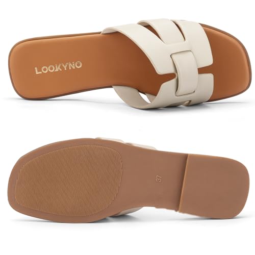 Image of Flat Sandals for Women Comfortable Slip On Dressy Summer Leather Slides with Square Open Toe
