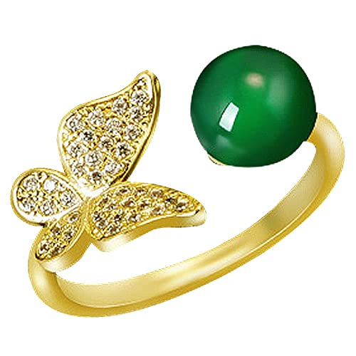 Butterfly Open Ring Chalcedony Jewelry Jade Band Rings for Women Round Genuine Green Eternity Ring (Color : Gold)