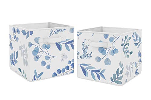 Image of Sweet Jojo Designs Floral Leaf Foldable Fabric Storage Cube Bins Boxes Organizer Toys Kids Baby Childrens - Set of 2 - Blue Grey and White Boho Watercolor Botanical Flower Woodland Tropical Garden