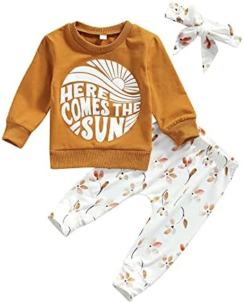 Baby Girl Clothes Set Fall 3 6 9 12 18 24 Months Long Sleeve Sweatshirt & Floral Print Pants & Headband Outfits (Light Brown, 12-18 Months)