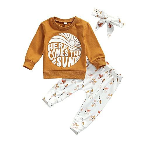 Baby Girl Clothes Set Fall 3 6 9 12 18 24 Months Long Sleeve Sweatshirt & Floral Print Pants & Headband Outfits (Light Brown, 12-18 Months) #TOP3