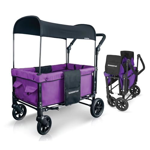 Image of WONDERFOLD W1 Original Stroller Wagon (2 Seater) - Wagon Stroller with Seats with 5-Point Harnesses, Adjustable Push Handle, and Sun Canopy, Cobalt Violet