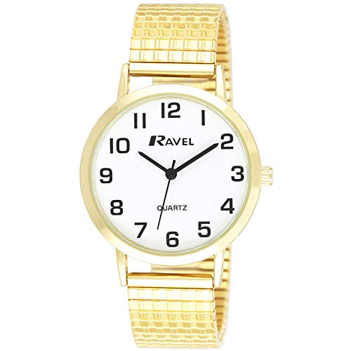 Ravel - Reloj Tradicional Unisex con Esfera de Números Claros con Correa Extensible - Tono Oro Cover