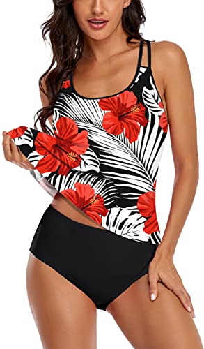 Omichic Modest Tankini Sets For Women's Swimsuits 2 Piece Athletic Bathing Suits Flowy Tank Top With Bikini Bottom Red Floral #TOP1
