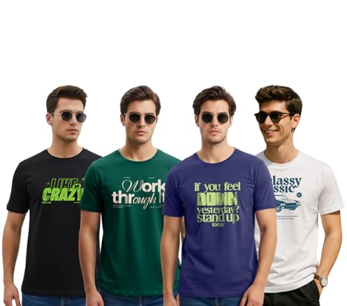 Image of Cotton Blend Regular Fit Half Sleeve Printed Round Neck Multicolor Drop Shoulder T-Shirt for Mens & Boys (Pack of 4)
