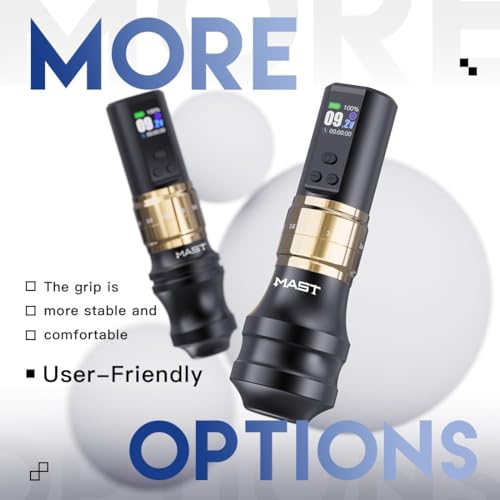 Image of Mast Fold2 Pro Wireless Tattoo Machine, Rotary Tattoo Gun Pen, 2 Grips 40mm & 44mm, Mcore-C1 Powerful Motor, 7 Strokes Length (Gold + Extra Grip)