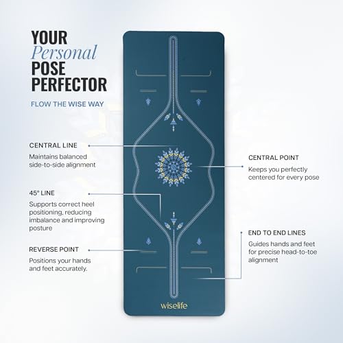 Image of WiseLife PU Alignment Rubber Professional Yoga Mat + Carry Strap - Extra Thick Extra Long Extra Wide Exercise floor mat for Gym, Workout, Fitness, Yoga and Pilates) PURE PU Leather & Natural Rubber ( Frosted Blue 6mm )
