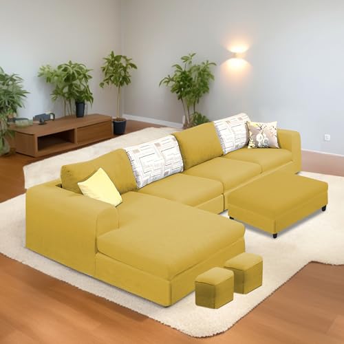 Image of Koza LHS 8 Seater L Shape Sofa Set with Center Table for Living Room (Yellow Fabric) Premium Fabric Sofa