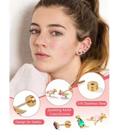 Ngiftey 8 Pairs Screw Back Stud Earrings, Gold Plated | Hypoallergenic, 20G Surgical Stainless Steel, Flat Back, Designed for Sensitive Ears, Cute Dinosaur Cartilage - image 3