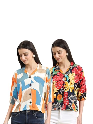 Image of Women's Cotton Blend Printed Combo (Pack of 2) Shirts - 3 /4 Sleeves V Collar Neck