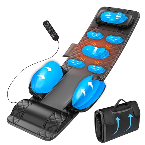 Full Body Massage Mat with Heat 3D Stretching Back Massager Pad for Bed Sofa Floor Lumbar & Neck Support 4 Modes 3 Intensities 3 Heat Levels Portable & Foldable PU Leather Gift for Dad/Mom