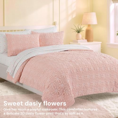 Image of Full Size Comforter Sets for Girls - 7 Pieces Pink Dasiy Bed in a Bag | Jacquard Floral Full Bedding Set, Soft Lightweight Cute Comforter with Printed Sheets, Pillowcases & Shams for All Seasons