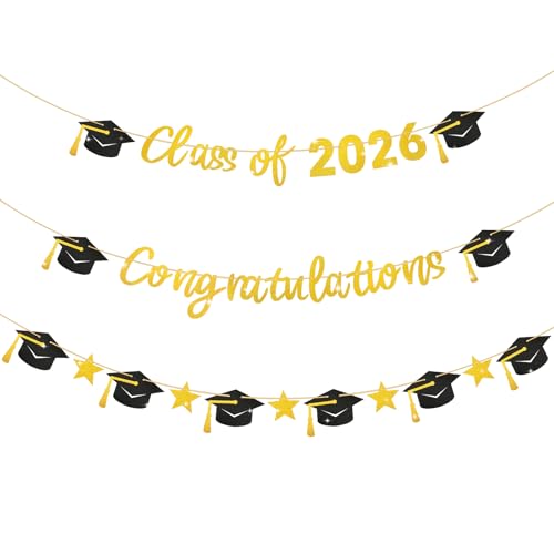 Image of Graduation Banner, Class of 2026 Pre-Strung Black Gold Glitter Banners Graduation Garland for Congratulation Graduations School Home Party Decorations