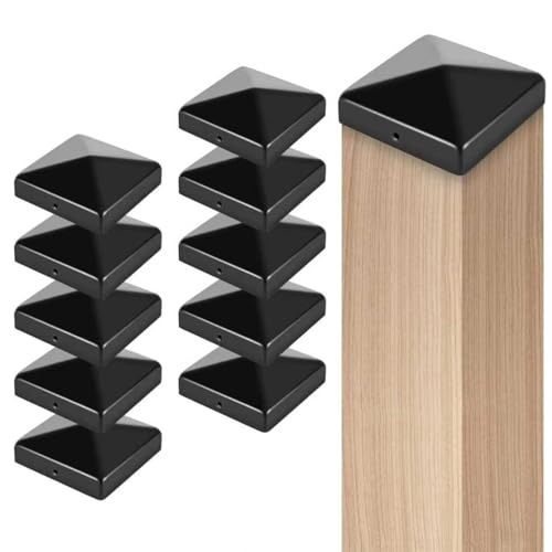 Tapas para postes, 10 unidades, 10 x 10 cm, tapas para postes, tapas negras con 20 tornillos para vallas de madera y postes de terraza (hierro)