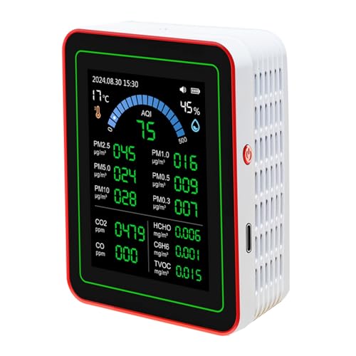 Indoor Air Quality Monitor Tester for Home Detects CO2 TVOC HCHO PM2.5 PM10 Temperature Humidity with Battery and Data Storage