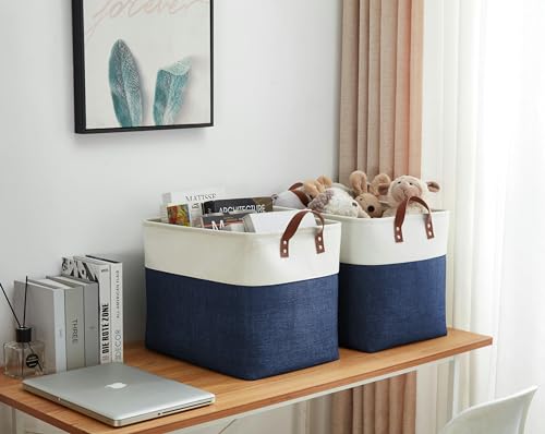 Image of DECOMOMO Large Storage Baskets | Closet Storage Bins 17x12x13inch Canvas Baskets For Storage Laundry Nursery Toys Cloth Linen (Navy Blue & White , XXL - 3 Pack)