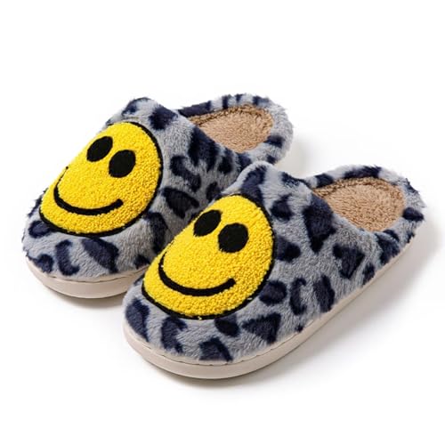 Eohsnem Smiley Face Slippers for Women Men, Retro Plush House Slippers Soft Cozy Memory Foam Slip-on Slippers for Indoor Outdoor