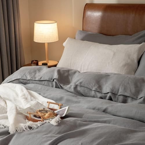 CHUFFED Linen Duvet Cover Single, Natural Linen Cotton Duvet Cover 2 pcs Bedding Set Soft Anti Allergic Breathable Bed Quilt Cover with Button Closure,140x200cm Gray - Image 4