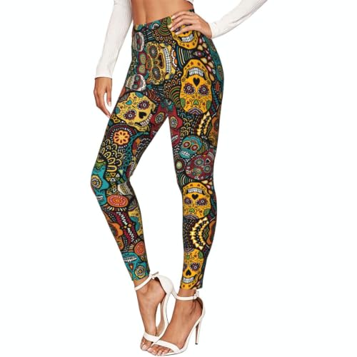 Leggings de compresión suaves de mujer con calaveras mexicanas y costuras planas de confort