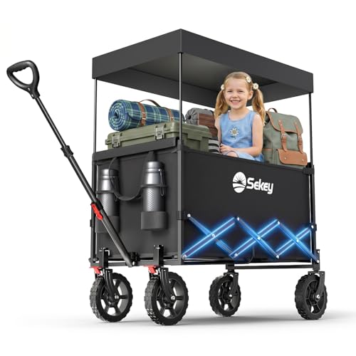 Sekey XXL Chariot Enfant 150L 150KG, Modèle Pliable à Toit, Accessoire de Transport avec Pare-Soleil pour Plage et Camping SE4018, Noir
