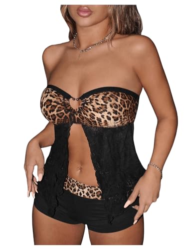 SweatyRocks Women's Sexy Leopard Print Tube Top Y2K Lace Split Strapless Going Out Crop Tops