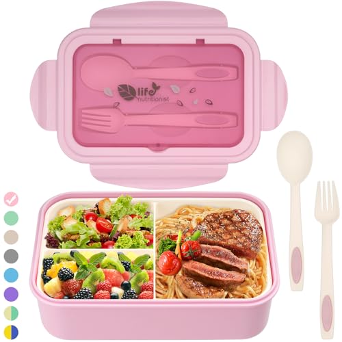 Bibury Lunch Box, Boîte à Déjeuner en Plastique pour Enfant Adulte, Boîte à Repas avec Trois Compartiments et des Couverts(Fourchette et Cuillère), sans BPA, pour Micro-Ondes et Lave-Vaisselle - Rose