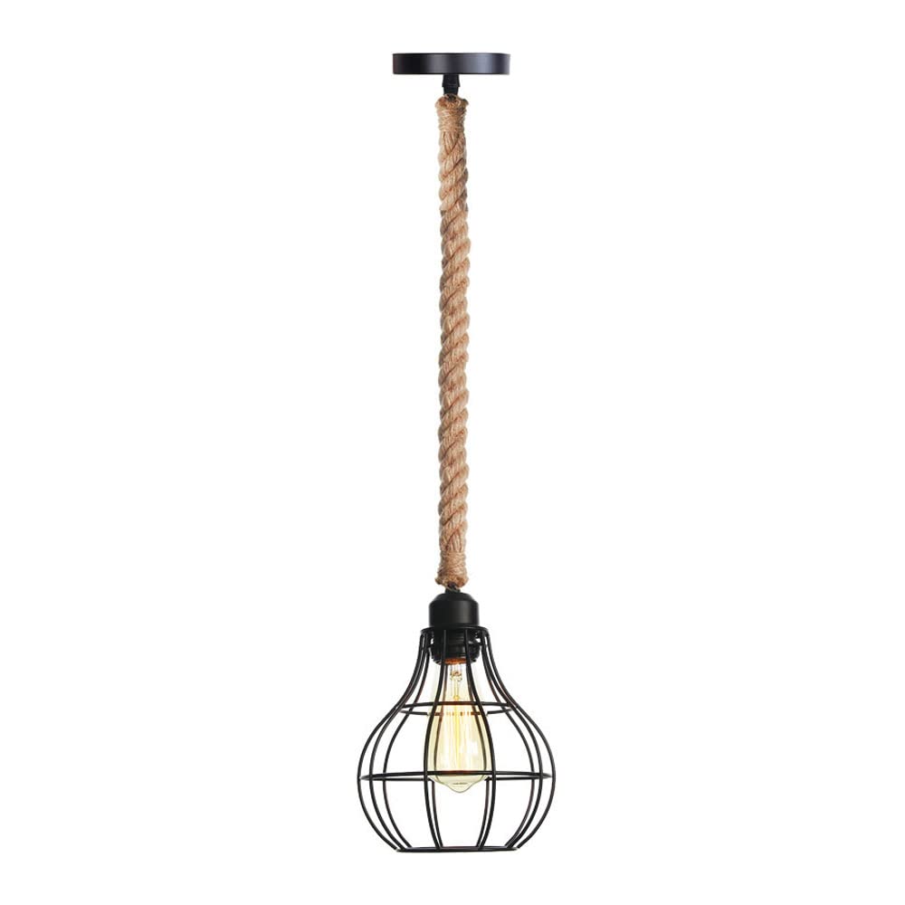 FYZDLAOR Vintage Industrial Wrought Iron Pendant Light,Hemp Rope Pendant Light,for Living Room Bedroom Cafe Teahouse Bar Dining Room Club（E27）