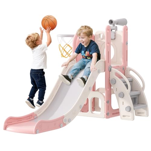Babytronic Toddler Slide, 6 in 1 Kids Indoor Slide for Toddlers 1-3, Baby Indoor and Outdoor Climber Playset, Kids Slide with Basketball Hoop and Telescope, Toddler Outdoor Playground (Pink) by Babytronic - Image 2