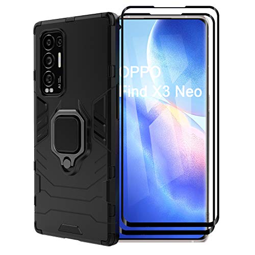 ESTH® Custodia per Oppo Find X3 Neo con 2 Pezzi Pellicola Protettiva, 360° Rotante Staffa [Compatibile con Supporto Magnetico per Auto], Cover Paraurti PC+TPU, Nero