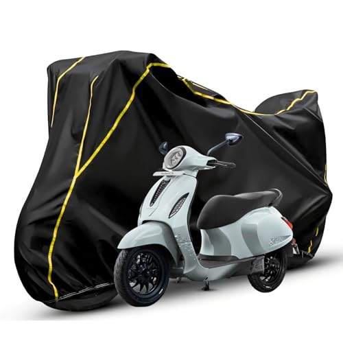 Image of Waterproof Bike Body Cover Compatible with Bajaj Chatak Dustproof Scratchproof - Motorcycle Cover for Two Wheeler, Outdoor Full Cover with UV, Duty, Rain Protection (Black & Yellow) R1