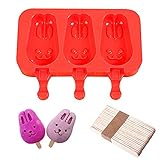 DiDaDi Silicone ICE POP Mold, 3 Cavities Cute ICE CAREM Bar Mould,Popsicle Molds DIY ICE Cream Maker,Silicone Jelly Chocolate Candy Soap Molds 20 Wooden Sticks - Bunny