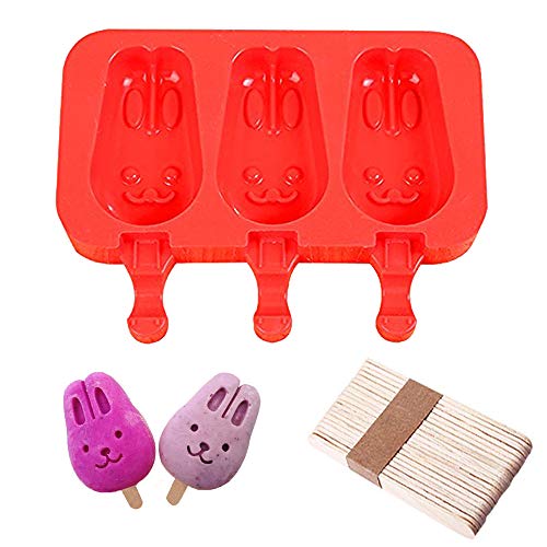 Silicone ICE POP Mold,DiDaDi 3 Cavities Cute ICE CAREM Bar Mould,Popsicle Molds DIY ICE CREAM Maker,Silicone Jelly Chocolate Candy Soap Molds with 20 Wooden Sticks - Bunny