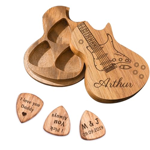 Personalized Wood Guitar Pick Holder with 3 Pcs Picks,Custom Engraved Name,Text Gift For Dad,Husband,Son,Gift For Valentine's Day,Birthday,Father's Day Gift