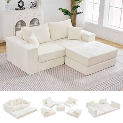 Image of 79 inch Boneless Cloud Loveseat Sofa Couch, Modular Tufted Foldable Floor Sofa with Ottoman, Chenille Lounge Convertible Sofa Bed for Living Room, No Assembly, Beige