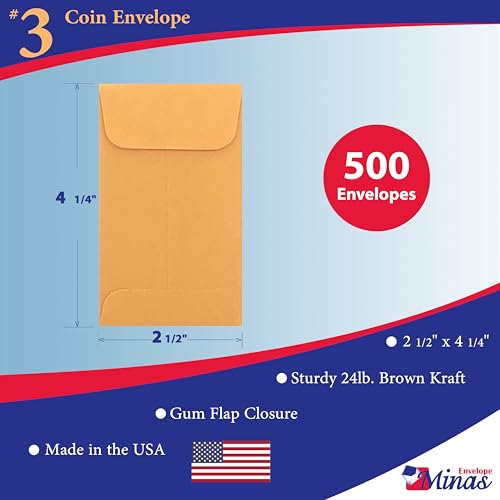 500 Minas Envelope #3 Moeda/Envelopes de peças pequenas, 5 1/2 x 4 1/10.2 cm, 10.9 kg. Papel, 500/ca