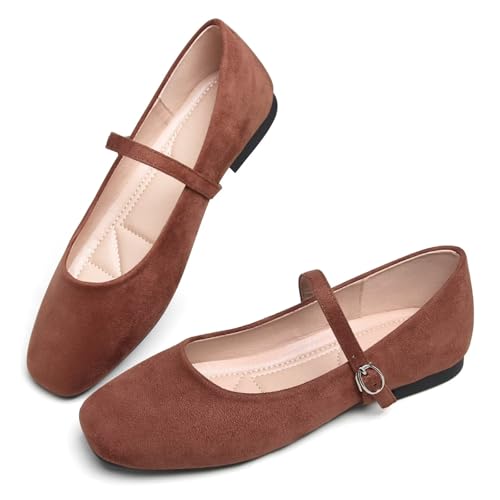 Image of TN TANGNEST Leather Flats for Women Retro Mary Jane Flats | Comfortable Square Toe Slip On Flats with Buckle Strap, Soft Work Flats Office Shoes