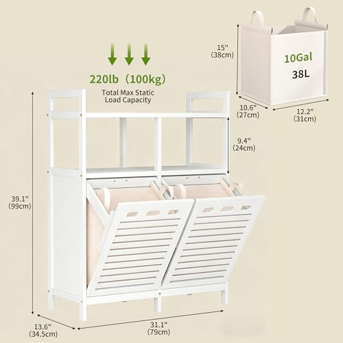 VASMIA Tilt Out Laundry Hamper Cabinet, Bamboo Double Laundry Hamper with 2 Removable Laundry Baskets, 20 Gal Laundry Sorter Organizer with Shelf for Dirty Clothes, Bathroom, Laundry Room, White by VASMIA - Image 2