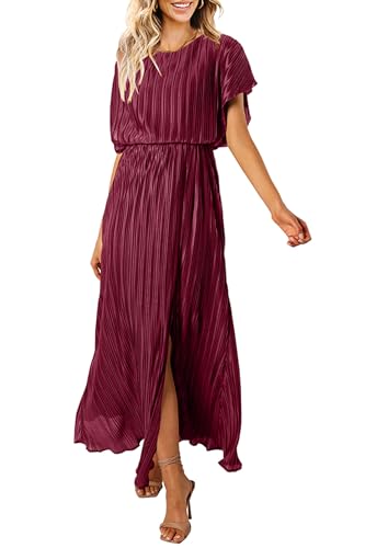 Image of CCTOO Womens Summer Maxi Dresses: Casual Short Sleeve Crewneck Slit Sundress Ruffle Pleated Long Flowy Party Cocktail Dress