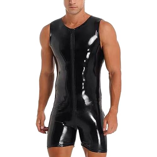 Duohropke Herren Bodysuit Wetlook Body Ouvert Boxershorts Unterhemd Stehkragen Dessous Leder Seitlich transparent Männer Overall eng sexy mit Zip...