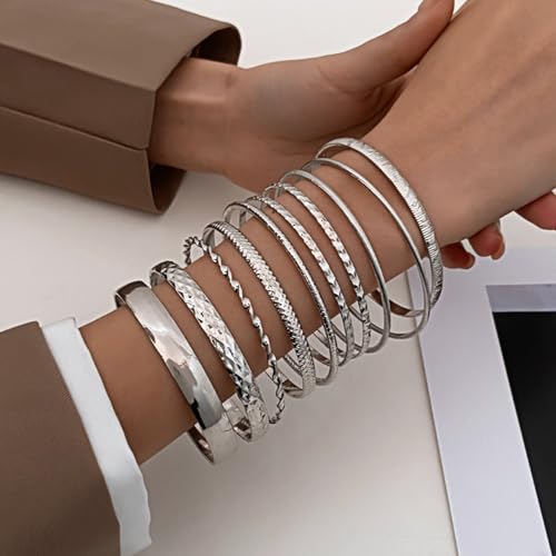 IFKM 5 PACK (35 PCS) Silver Chain Bangles Bracelets Set for Women, Silver Multiple Layered Stackable Open Cuff Bangle Anklet Bracelet Trendy Elegance Link Beads Italian Boho Cuban Jewelry for Women Gift3