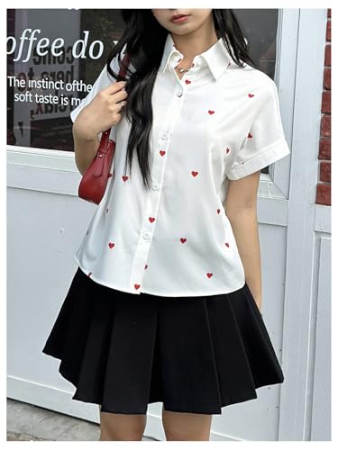 SweatyRocks Girl's Heart Print Button Down Shirt Dolman Short Sleeve Summer Blouses2
