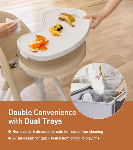 Funny Supply 3-in-1 Foldable High Chair, Portable & Convertible Baby High Chair, Modern Baby Feeding Chair with Removable Double Tray, Lightweight, Space-Saving Design, Easy to Clean, Cream