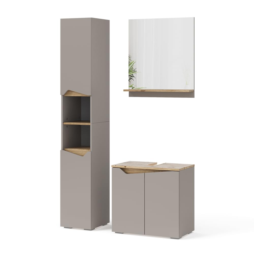 Vicco Combinación de Muebles de baño Marelle, Gris, 60 cm | compuesto por mueble bajo lavabo, espejo con armario y columna de baño
