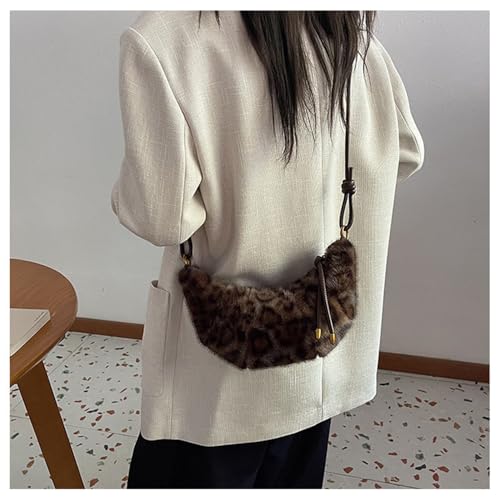Image of Leopard Fluffy Sling Dumpling Bag Cheetah Print Fuzzy Furry Shoulder Crossbody Crescent Bag Leopard Plush Horn Bag