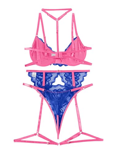 Image of Lilosy Sexy Choker Floral Lace Scallop Sheer Underwire Push Up Garter Belt Lingerie Set 3 Piece for Women See Through Bachelorette Bra and Panty Royal Blue Hot Pink Medium