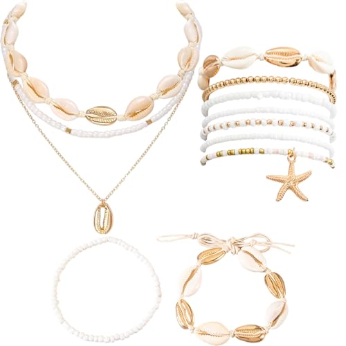 PEZPEOR 12 Stück Muschelkette Damen Muschel Halskette Armband Set mit...