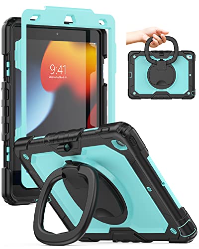 SEYMAC Kids Case for iPad 9th/ 8th/ 7th Generation Case 10.2 Inch, Sturdy Full-Body Shockproof Protective Case with Screen Protector, 360° Rotating Stand/Handle, Shoulder Strap, Sky Blue