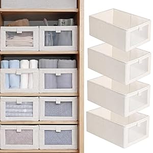 Fordonral 4 Pack Linen Storage Bins, Storage Containers for Organizing Clothing, Jeans, Toys, Books, Shelves, Closet, Wardrobe – Closet Organizers and Storage, Large Storage Boxes Baskets with Window